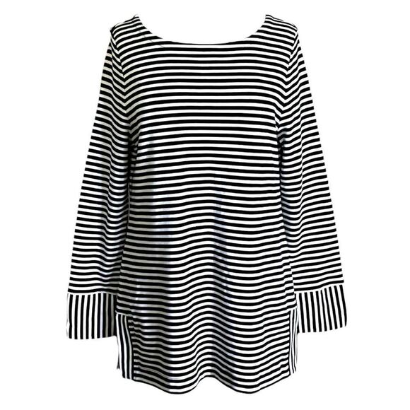 Talbots Womens Tunic Top Sz L Black White Stripe Cotton Pullover Blouse Nautical - Picture 1 of 5